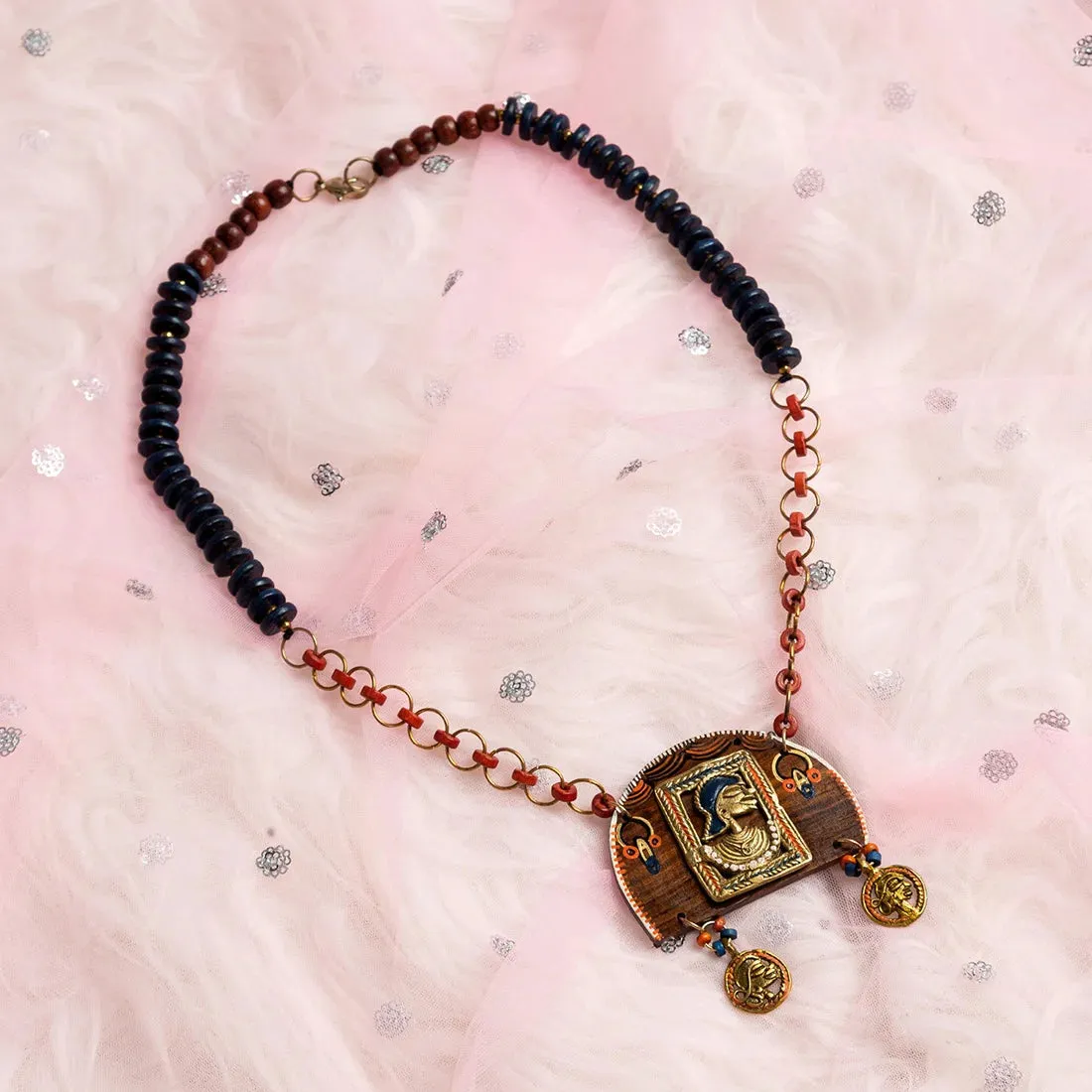 'Tribal Women' Bohemian Beaded Sheesham Wooden & Brass Necklace (Dhokra Art, Handcrafted)