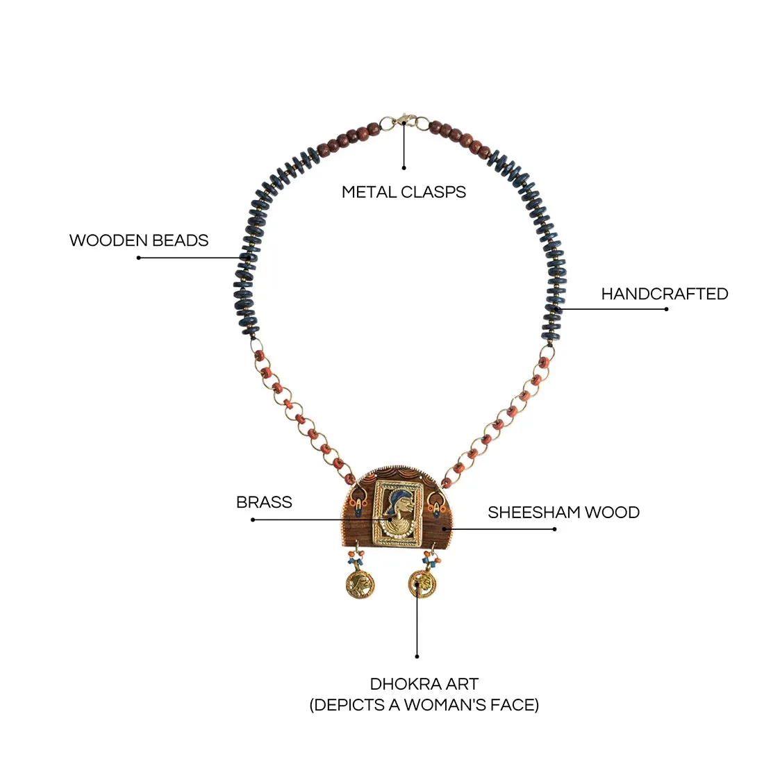 'Tribal Women' Bohemian Beaded Sheesham Wooden & Brass Necklace (Dhokra Art, Handcrafted)