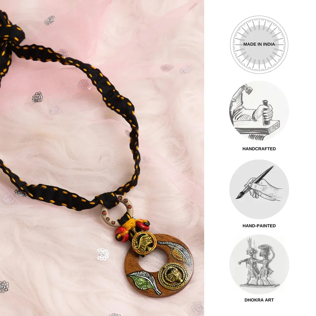 'Tribal Women' Bohemian Sheesham Wooden & Brass Necklace (Dhokra Art, Handcrafted & Hand-Painted)