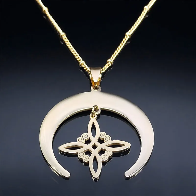 Unisex Witch Knot Moon Symbol Necklace Stainless Steel Lucky Amulet Crescent Necklace