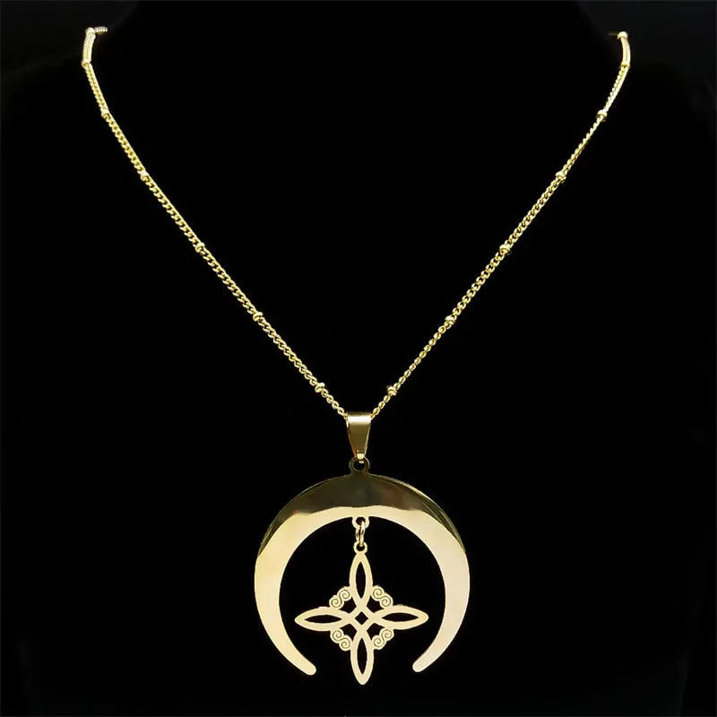 Unisex Witch Knot Moon Symbol Necklace Stainless Steel Lucky Amulet Crescent Necklace