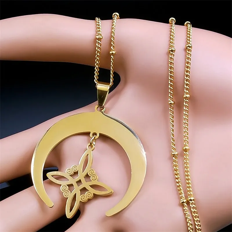 Unisex Witch Knot Moon Symbol Necklace Stainless Steel Lucky Amulet Crescent Necklace