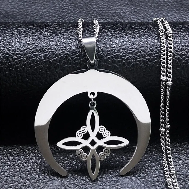 Unisex Witch Knot Moon Symbol Necklace Stainless Steel Lucky Amulet Crescent Necklace