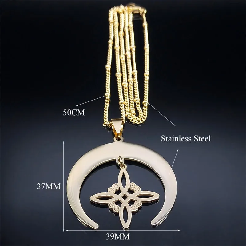 Unisex Witch Knot Moon Symbol Necklace Stainless Steel Lucky Amulet Crescent Necklace
