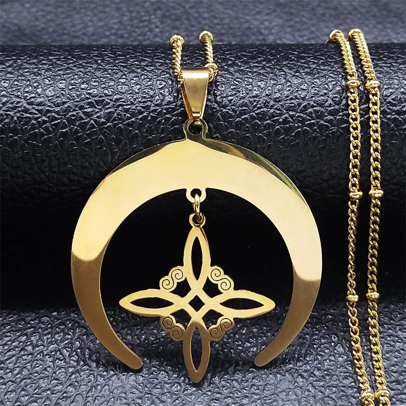 Unisex Witch Knot Moon Symbol Necklace Stainless Steel Lucky Amulet Crescent Necklace