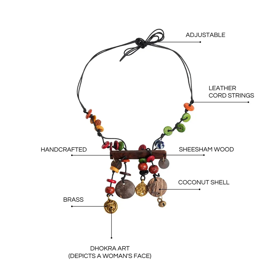 'Vibrant Beads' Bohemian Beaded Sheesham Wooden & Brass Necklace (Dhokra Art, Handcrafted)