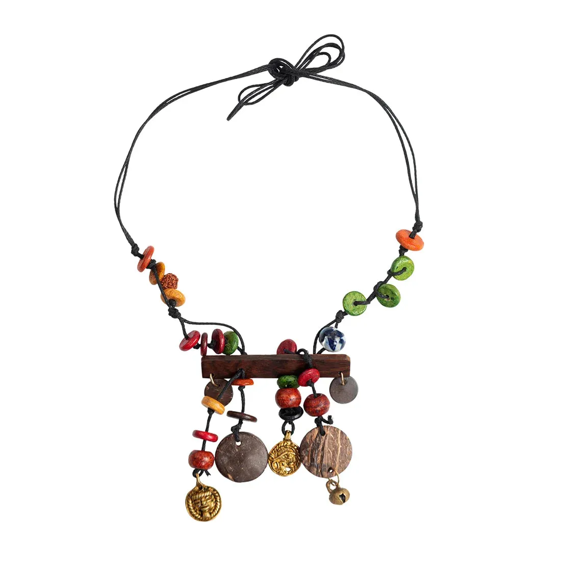 'Vibrant Beads' Bohemian Beaded Sheesham Wooden & Brass Necklace (Dhokra Art, Handcrafted)
