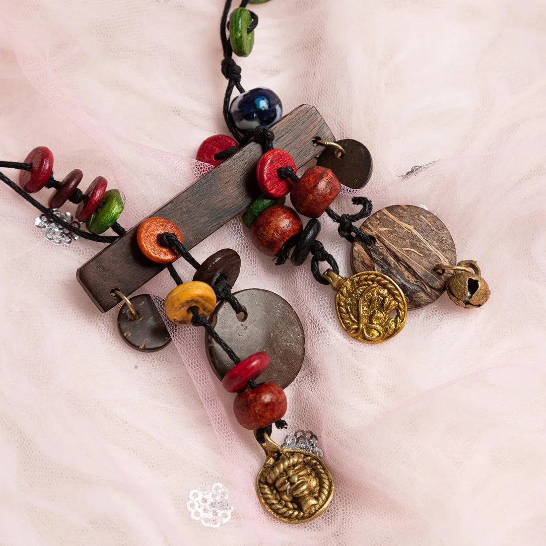 'Vibrant Beads' Bohemian Beaded Sheesham Wooden & Brass Necklace (Dhokra Art, Handcrafted)