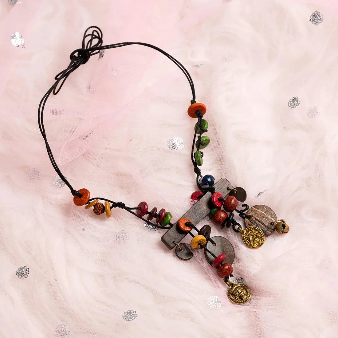 'Vibrant Beads' Bohemian Beaded Sheesham Wooden & Brass Necklace (Dhokra Art, Handcrafted)