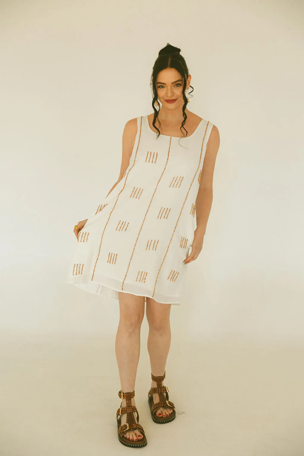 Wood Beaded Tank Mini Dress