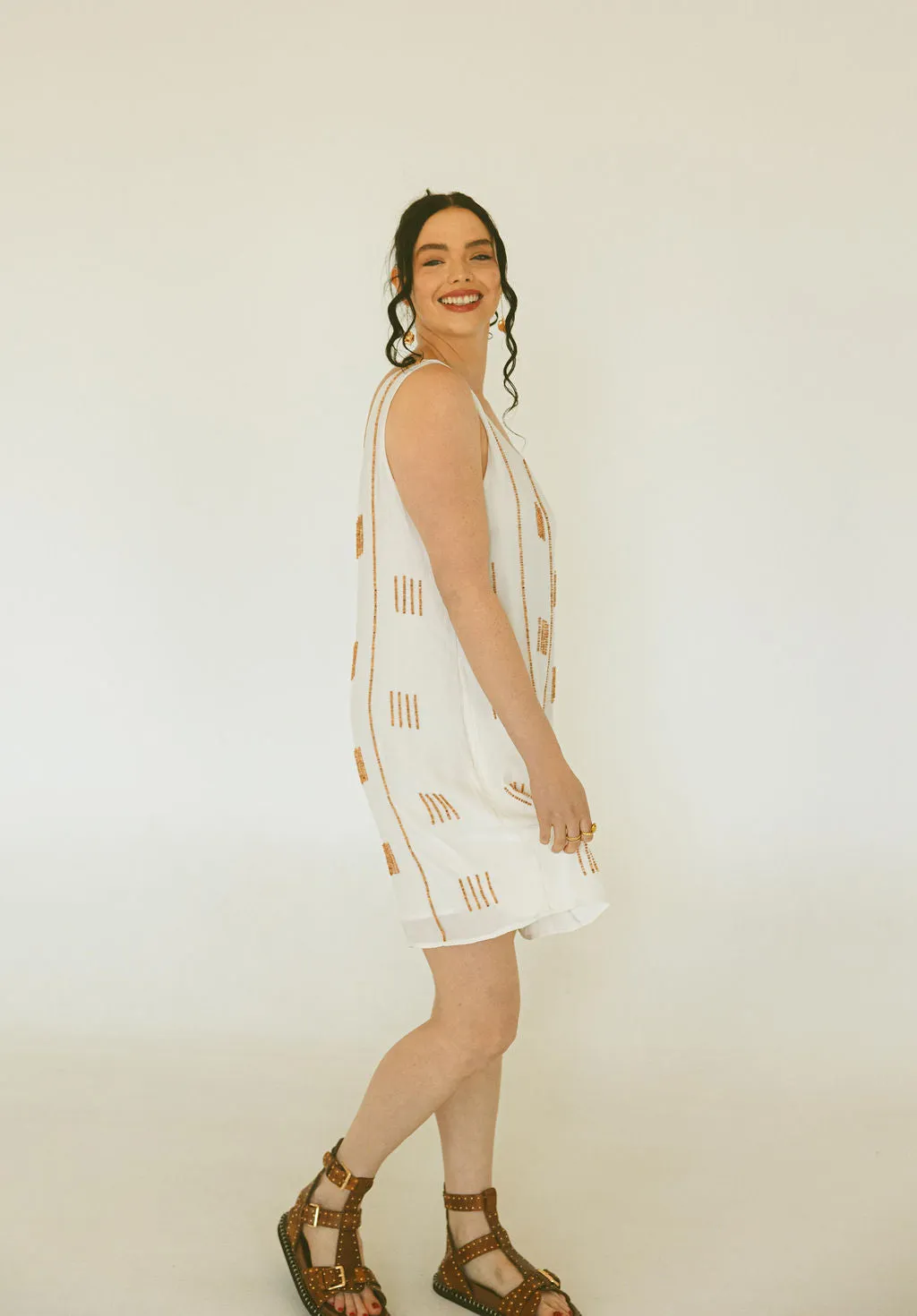 Wood Beaded Tank Mini Dress