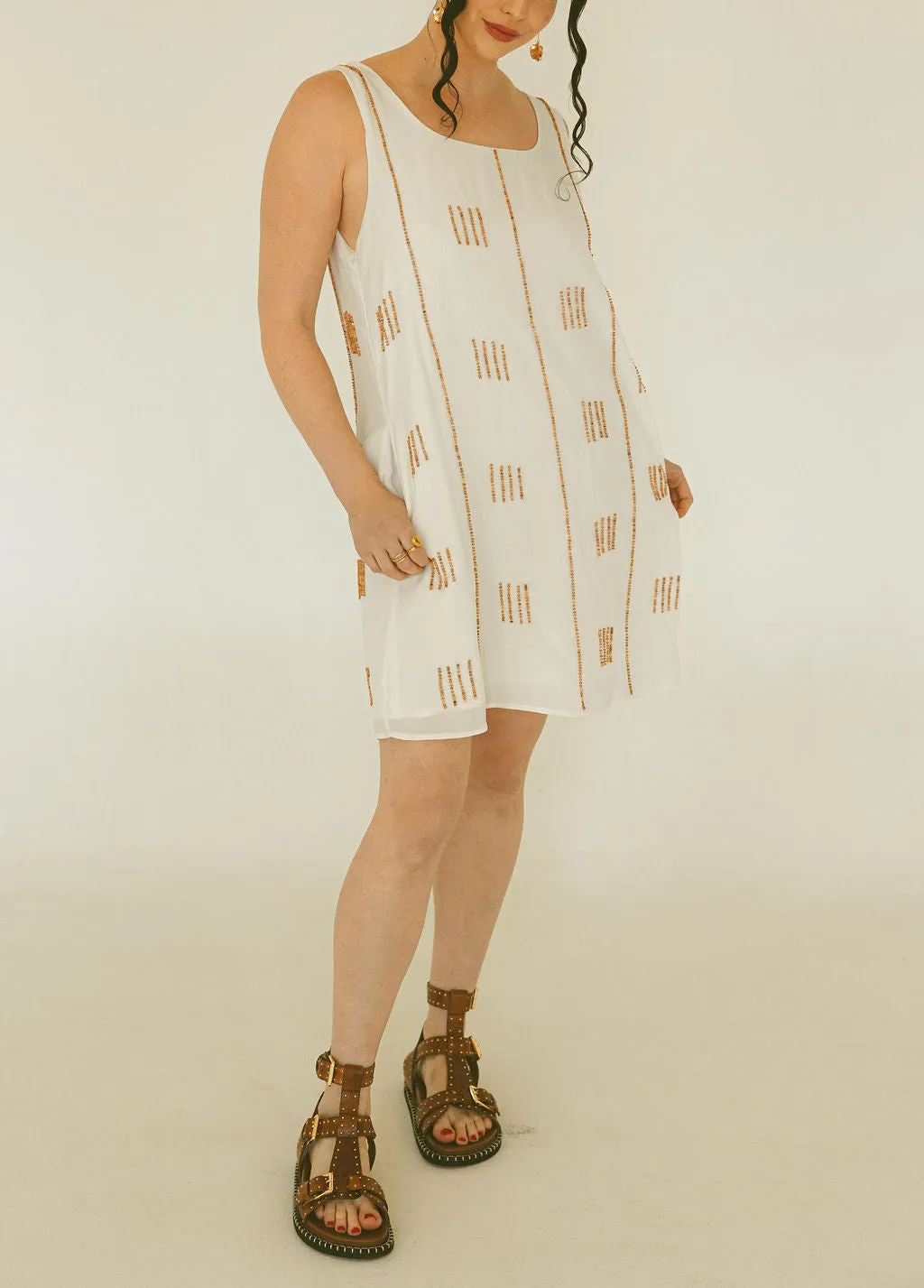 Wood Beaded Tank Mini Dress