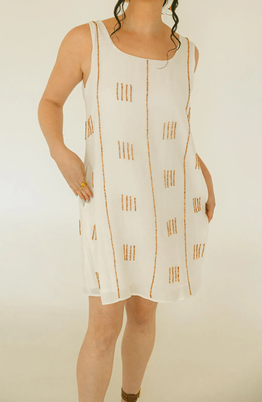 Wood Beaded Tank Mini Dress