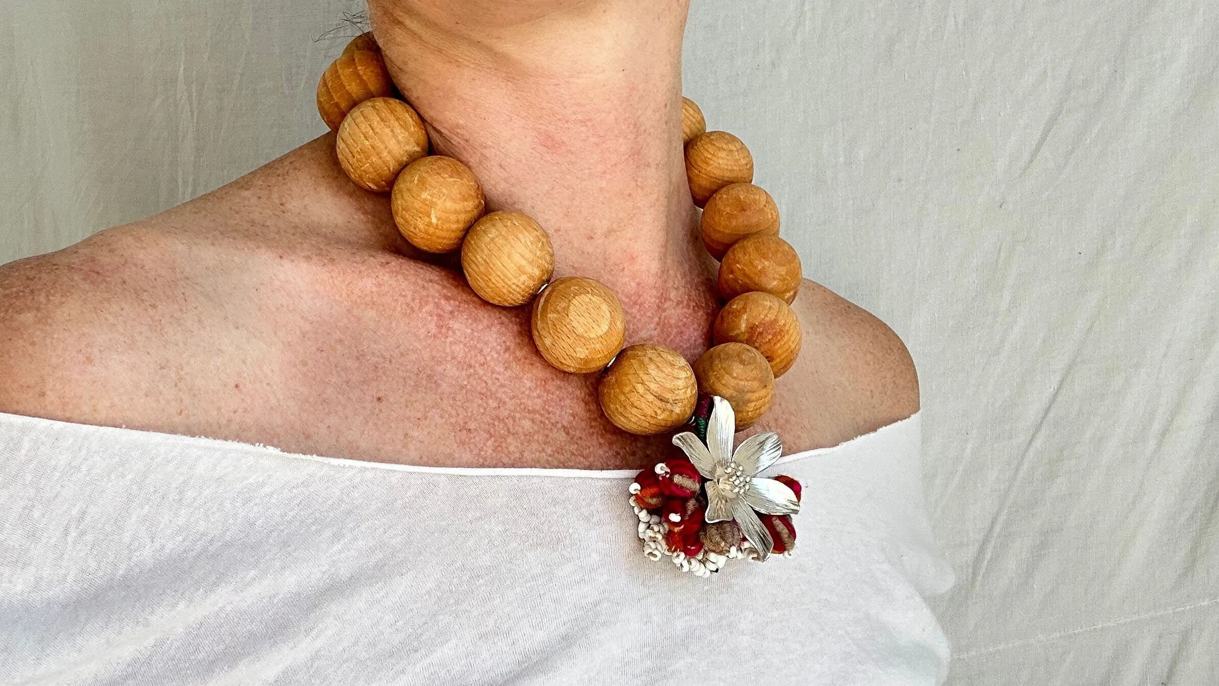 Wood, Pompom & Silver Necklace. Sterling Silver. 2015