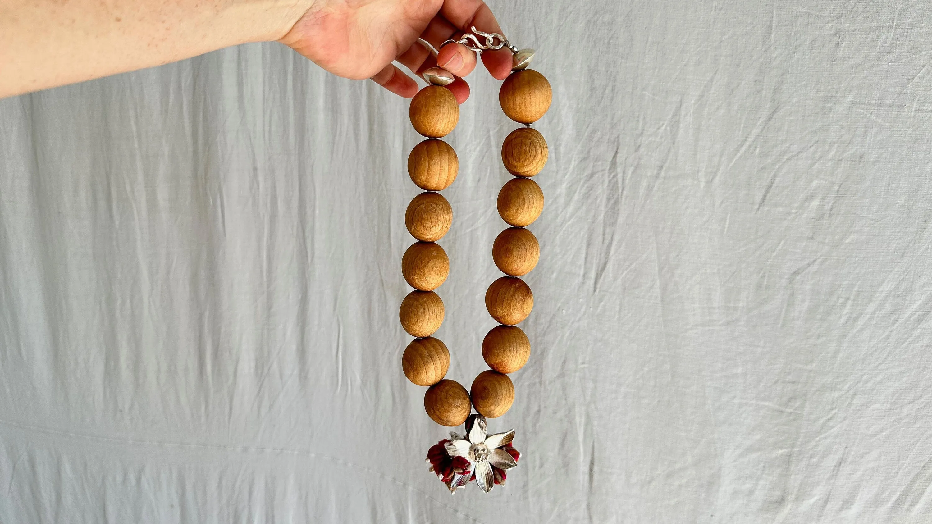 Wood, Pompom & Silver Necklace. Sterling Silver. 2015