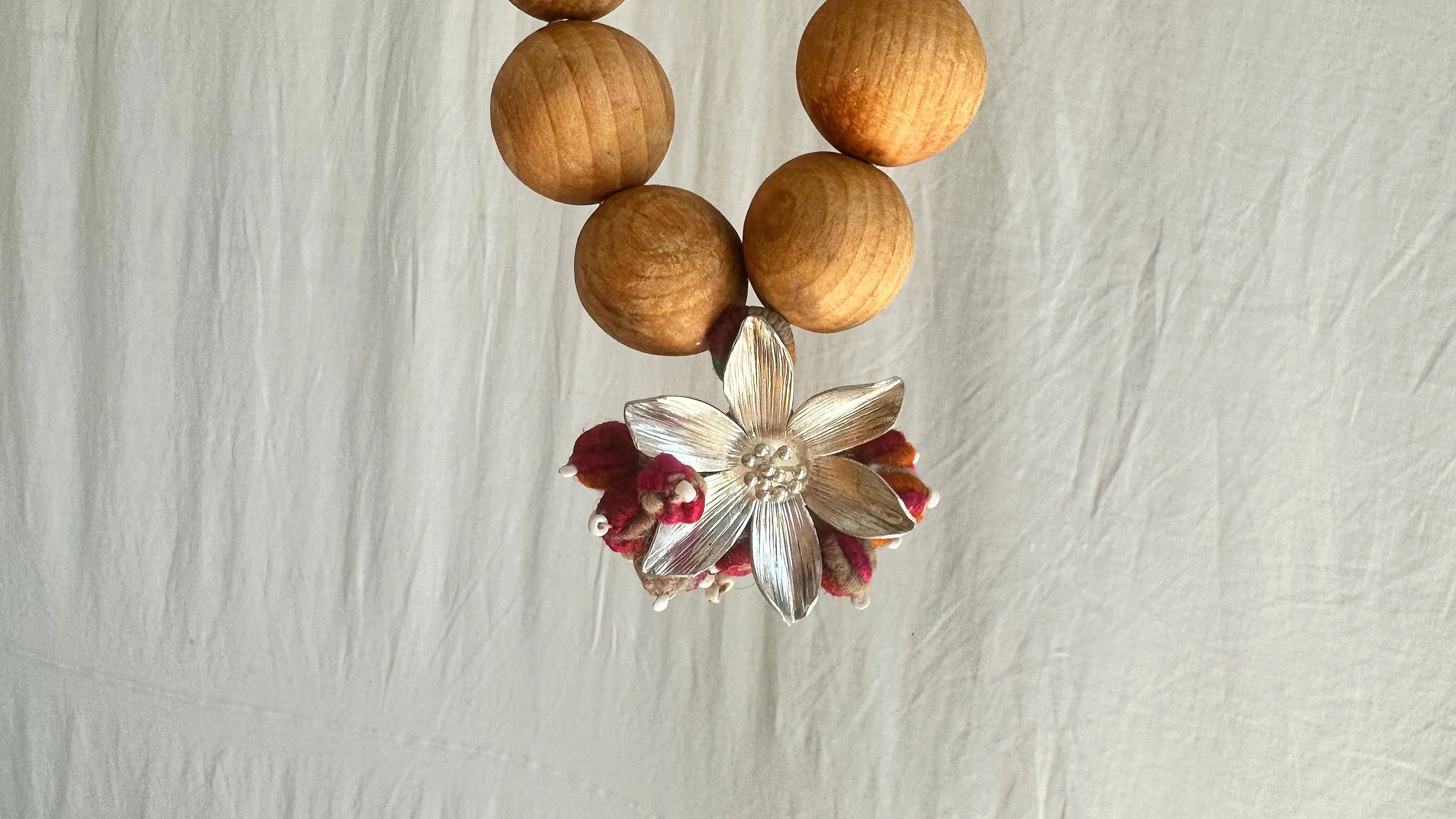 Wood, Pompom & Silver Necklace. Sterling Silver. 2015
