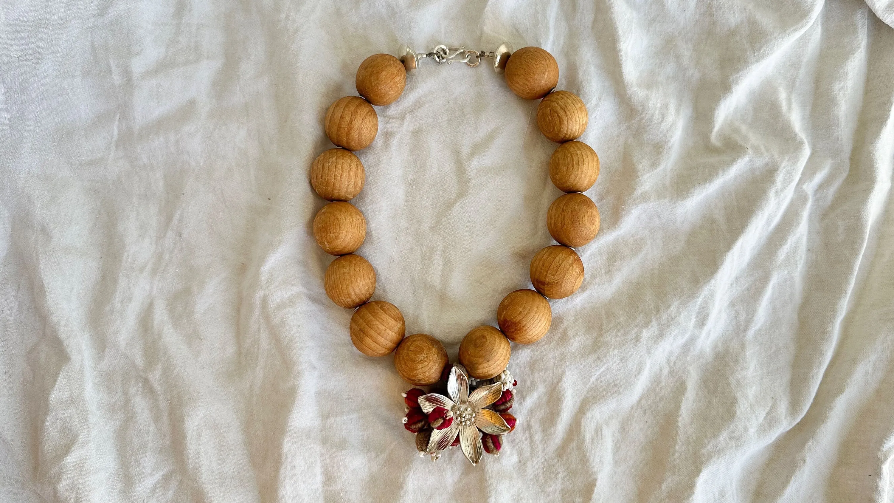 Wood, Pompom & Silver Necklace. Sterling Silver. 2015