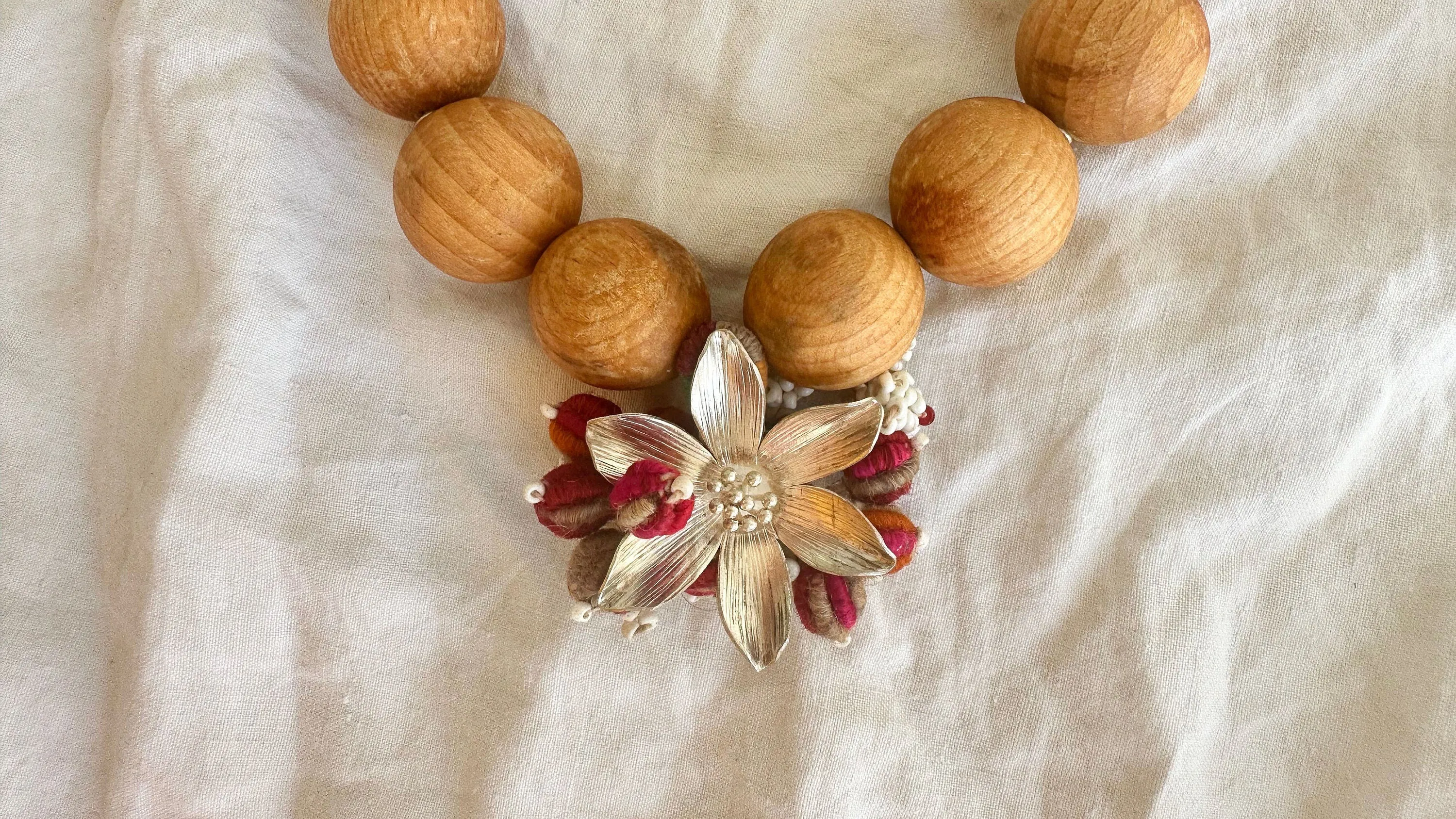 Wood, Pompom & Silver Necklace. Sterling Silver. 2015