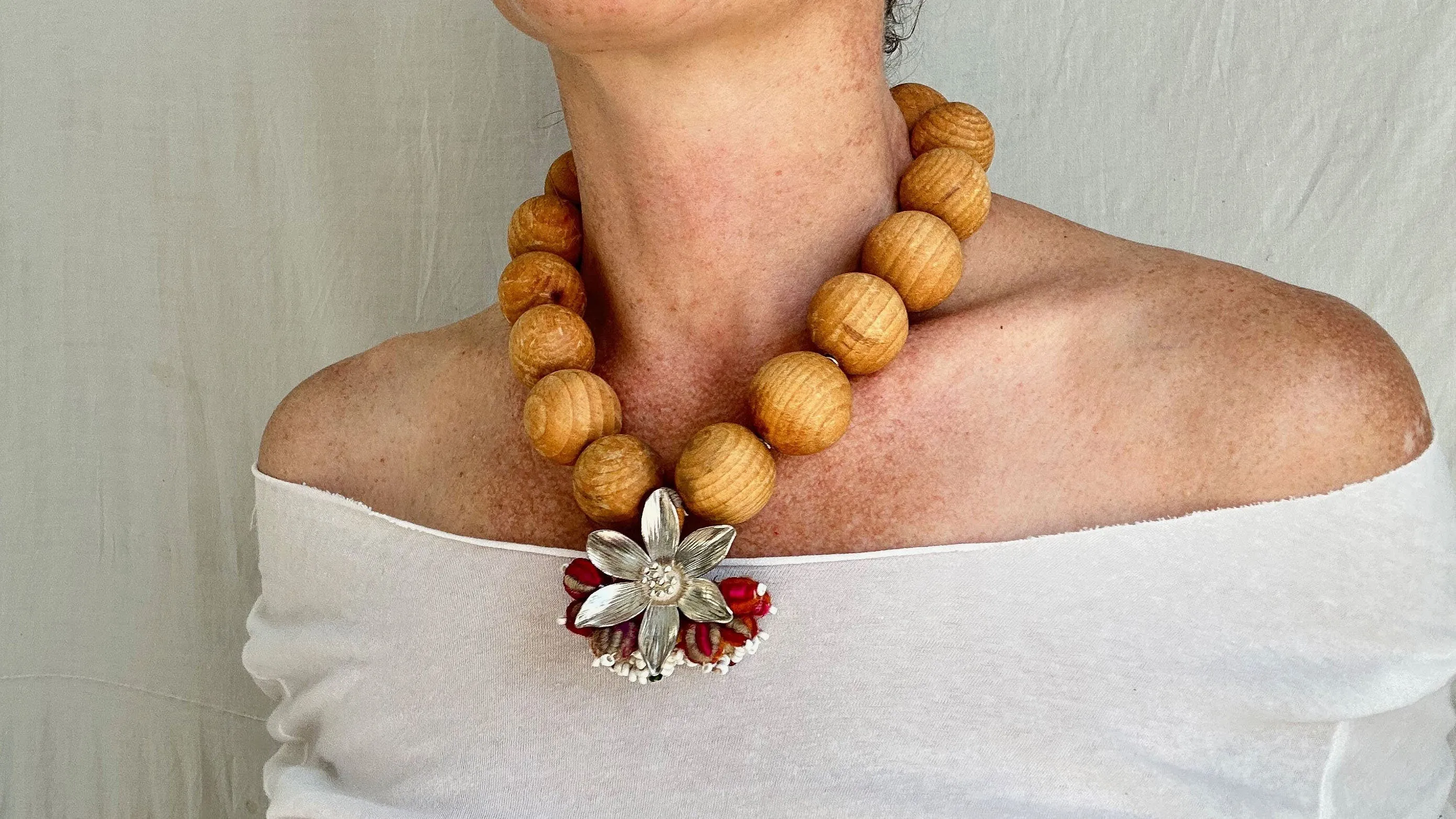 Wood, Pompom & Silver Necklace. Sterling Silver. 2015